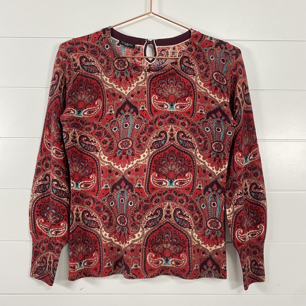 Talbots Sweater Womens Petite Red Paisley 100%‎ Merino Wool LongSleeve Southwest